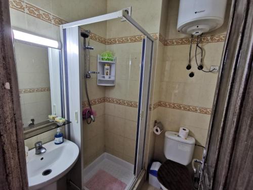 een badkamer met een douche, een toilet en een wastafel bij Blume Apartment Casa Port - 2 Bedrooms in Casablanca