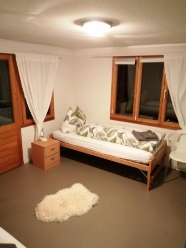 a bedroom with a bed and two windows and a rug at L'ANGOLO DEI SAPORI in Rueun