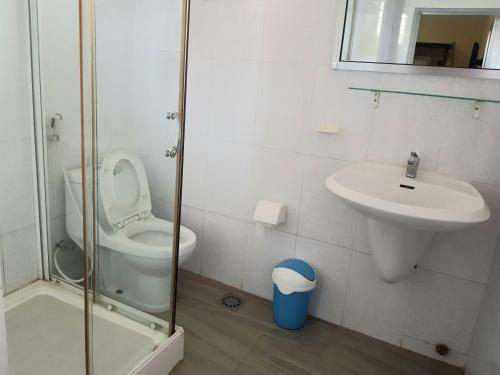 La salle de bains est pourvue de toilettes, d'un lavabo et d'une douche. dans l'établissement Hotel du Golfe de Guinee, à Conakry