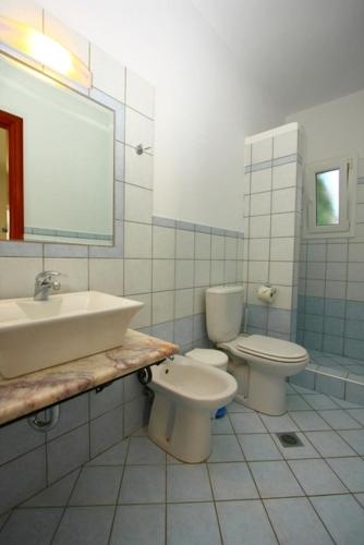 a bathroom with a sink and a toilet and a mirror at Villa Polyxeni Apartments in Syvota