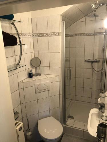 ein Bad mit einer Dusche, einem WC und einem Waschbecken in der Unterkunft Liebetrau Apartment in Gotha