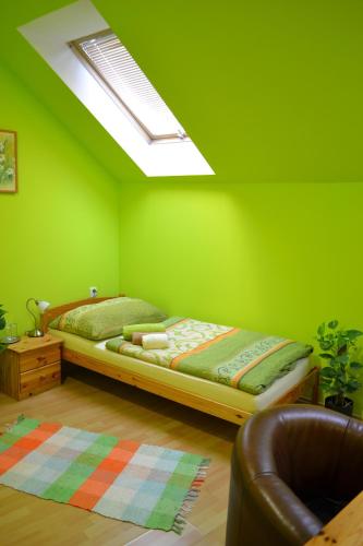 a green bedroom with a bed and a skylight at Byron in Zlaté Moravce