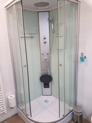 a shower with a glass enclosure in a bathroom at Gästehaus Staudenschloss in Mickhausen
