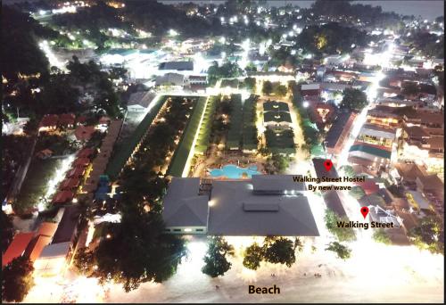 an aerial view of a parking lot at night at Walking Street Hostel in Ko Lipe
