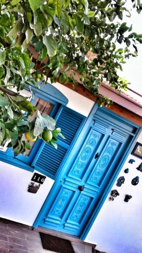 a blue door on a house with some plants at Bella View Art Boutique Hotel in Kérynia