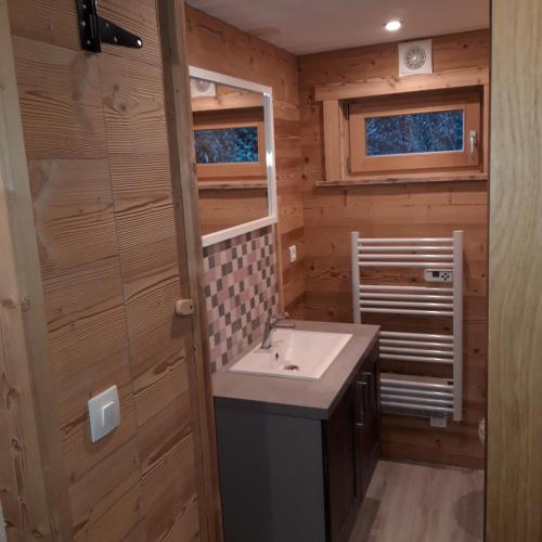 une salle de bain avec un lavabo et un miroir dans l'établissement Le Valmandine, à La Bresse