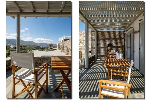 a patio with a table and chairs on a balcony at Exochi Traditional Houses in Krotiri