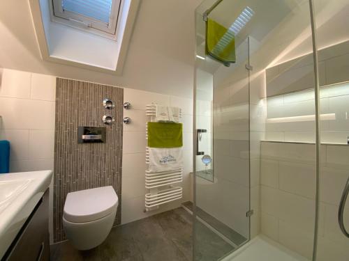 a bathroom with a toilet and a glass shower at Bergelemente in Schönau am Königssee