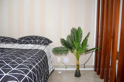 een slaapkamer met een zwart-wit bed en een plant bij Bahia Flat ap. 311 in Salvador