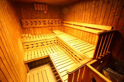 an inside of a sauna with two benches in it at Luxor in Havířov