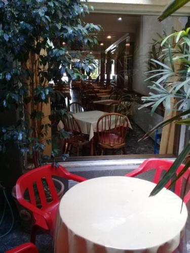 jadalnia ze stołami, krzesłami i roślinami w obiekcie Hotel El Torreon w mieście Mendoza