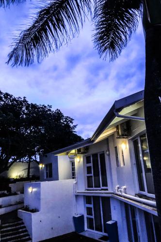 a white house with a palm tree in front of it at Santorini Guesthouse in Amanzimtoti