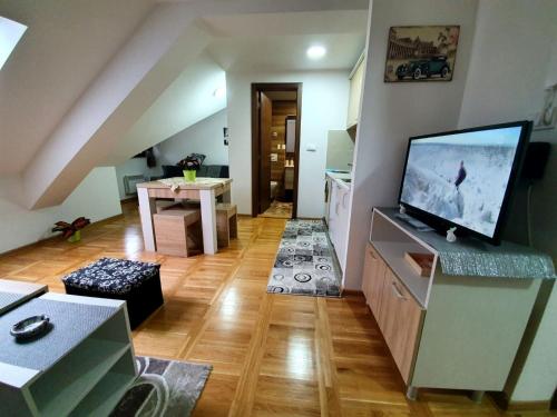 ein Wohnzimmer mit einem Flachbild-TV auf einer Kommode in der Unterkunft Apartman zlatibor in Zlatibor