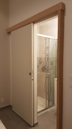 eine Glasschiebetür im Bad mit Dusche in der Unterkunft Appartement au calme in Changis-sur-Marne