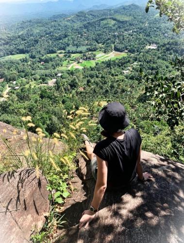 a person sitting on the edge of a rock looking down at a valley at Ceylon Saradiel Home Stay in Mawanella