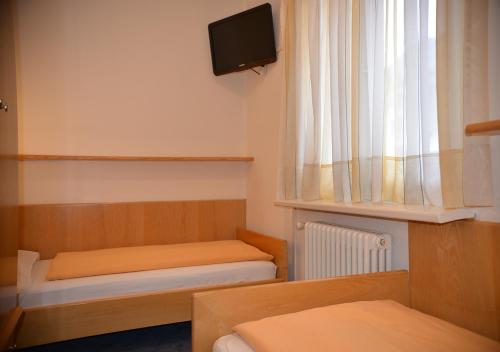 a small room with two beds and a tv at Hotel Regina Delle Dolomiti in Panchia