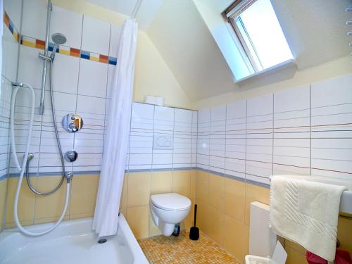 a bathroom with a shower and a toilet and a tub at Am Hut in Neukirchen