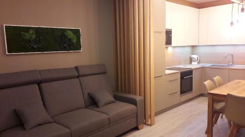 a living room with a couch and a kitchen at Apartmán Tatran A 12 in Donovaly