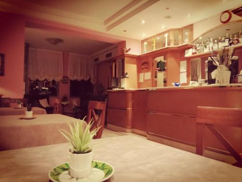 een woonkamer met een tafel met een plant erop bij Hotel Azzurra in Salsomaggiore Terme