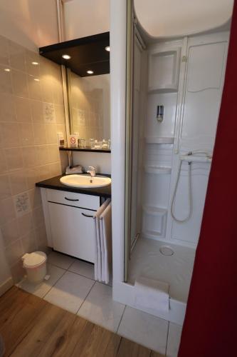 a small bathroom with a shower and a sink at AUBERGE LE GABACHOU in Montpezat-de-Quercy