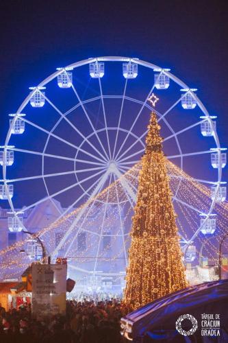 a large christmas tree and a ferris wheel at night at Iosia Premium Apartment in Oradea