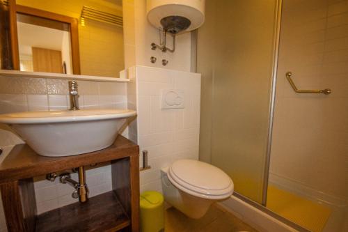 La salle de bains est pourvue d'un lavabo, de toilettes et d'une douche. dans l'établissement Apartments Gardelin Superior 2, à Zadar