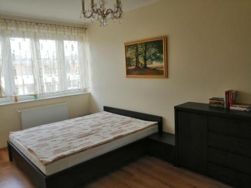 a bedroom with a bed and a painting on the wall at Słoneczny Apartament in Kołobrzeg