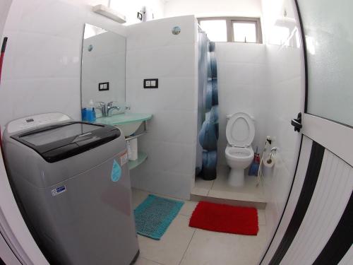 een kleine badkamer met een toilet en een wastafel bij Luxor appartement in Flic-en-Flac