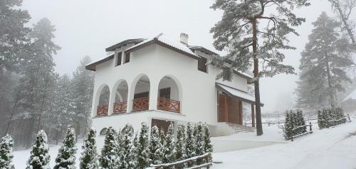 a white house in the snow with trees at Vila ANA in Divčibare