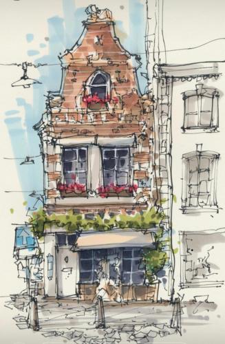 a drawing of a building with flowers on it at B&B Gracht 62 in Maastricht