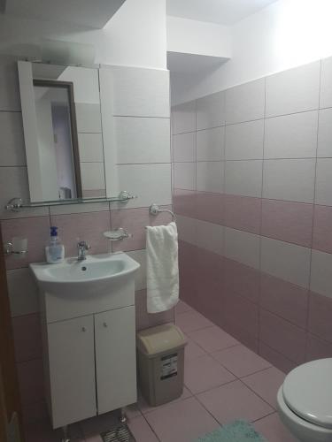 a bathroom with a sink and a toilet and a mirror at Relax 2 Central Apartment in Bacău