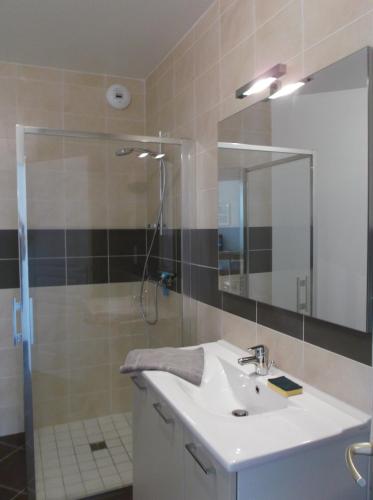 une salle de bain avec un lavabo et une douche avec un miroir dans l'établissement villa marine 2, à Jullouville