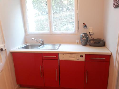 een keuken met rode kasten en een wastafel bij les mouettes in Plérin