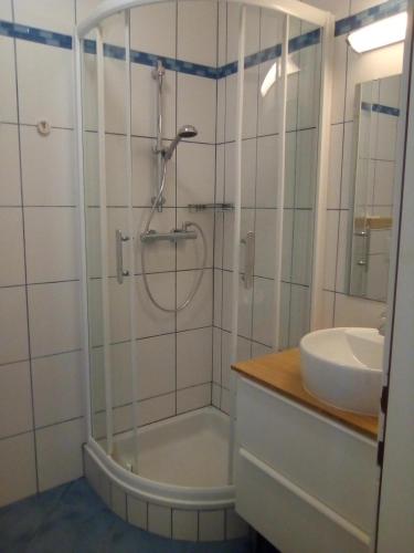 a bathroom with a shower and a sink at Seeblick-Appartements Ossiach in Ossiach