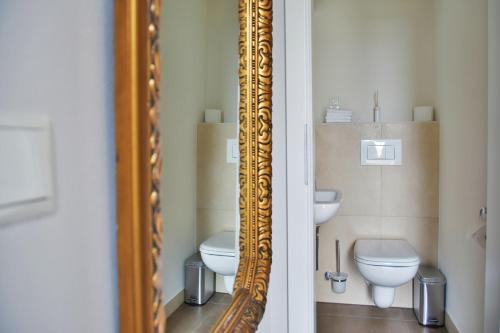 a bathroom with two toilets and a mirror at Ferienwohnung Sonne in Kurort Gohrisch