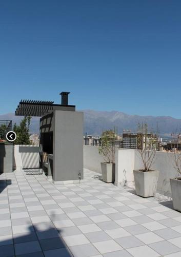 a patio with potted plants on top of a building at Zenteno Apartments in Santiago