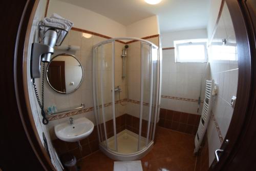 ein Bad mit einer Dusche und einem Waschbecken in der Unterkunft Casino Admiral Velenice - Gmünd in České Velenice
