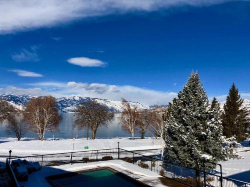 a christmas tree and a swimming pool in the snow at Lakeside Lodge and Suites in Chelan