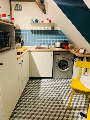 une cuisine avec un évier et une machine à laver dans l'établissement La maison de Nina, à Sens