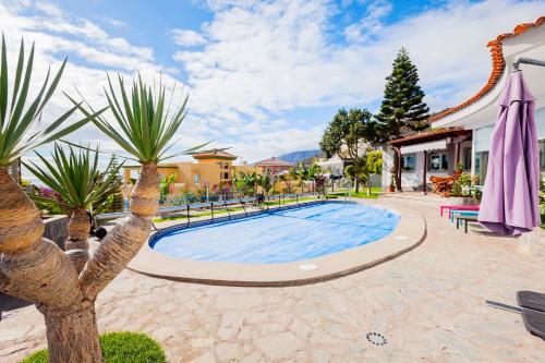 einen Pool in einem Garten mit Palmen in der Unterkunft Villa Sara in Costa Adeje - Sara Vacation in Adeje