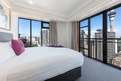 a hotel room with a view of the ocean at Avani Metropolis Auckland Residences in Auckland
