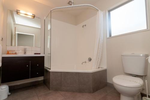 a bathroom with a shower and a toilet and a sink at The Park Motel in Hawera