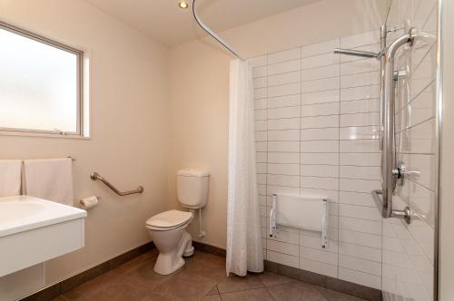 a bathroom with a toilet and a sink and a shower at The Park Motel in Hawera