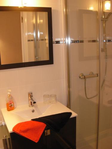 a bathroom with a sink and a shower at Chambres D'Hotes "Les Chiens Verts", jardin, terrasse, parking privé in Hauteville-Lompnes