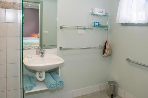 W łazience znajduje się umywalka i prysznic. w obiekcie Gecko Guest House w mieście Cooktown