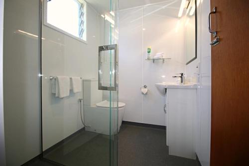 a bathroom with a shower and a toilet and a sink at Forgotten World Motel in Taumarunui