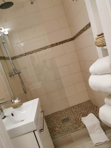 une salle de bain avec un lavabo et une douche dans l'établissement Studio bien placé pour visiter Paris, à Vincennes