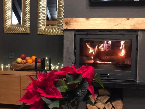 a fireplace in a living room with a fire in it at Zoe Luxury House in Gomirje