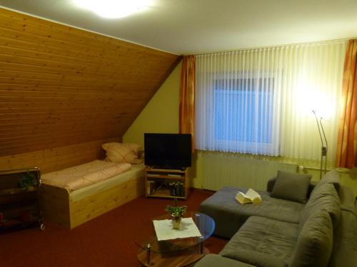 sala de estar con sofá y TV en Haus Wald-Eck, en Schmallenberg