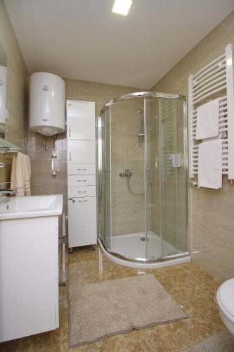 a bathroom with a shower and a sink at Apartman Vip Aleksa Zlatibor Centar in Zlatibor